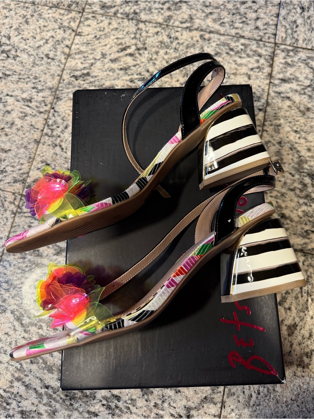 Betsey Johnson Black Ankle-Strap Sandals with Neon Floral Accents - Picture 3 of 6